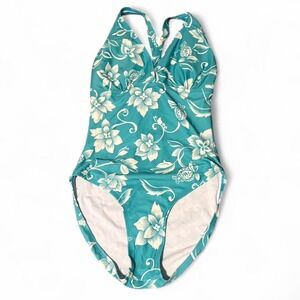 Papina brand aqua blue one piece swimsuit with flower design